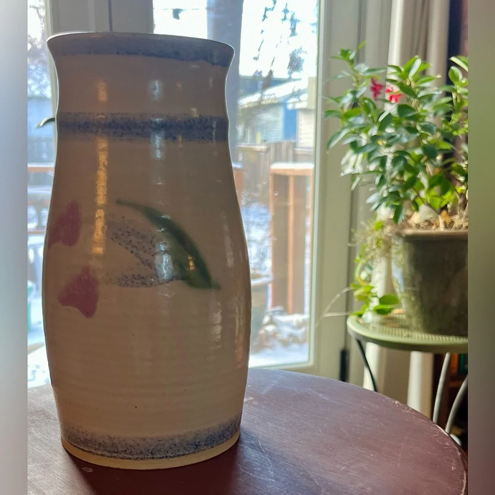 Hand‎ thrown pottery Vase cream with blue floral Signed 2002